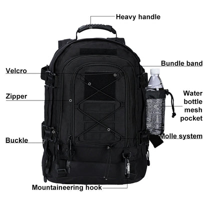 60L Expandable Tactical Hiking Backpack & Military Rucksack with MOLLE System, Waistbelt & Carabiner Hook for Camping, Hunting, Bug Out, Travel & Backpacking