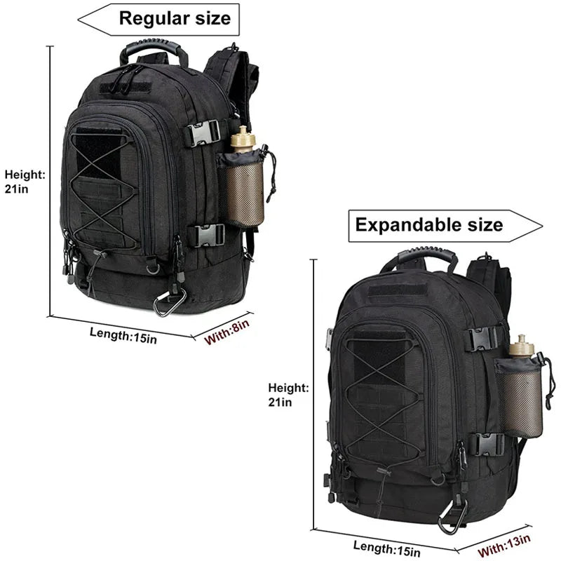 60L Expandable Tactical Hiking Backpack & Military Rucksack with MOLLE System, Waistbelt & Carabiner Hook for Camping, Hunting, Bug Out, Travel & Backpacking
