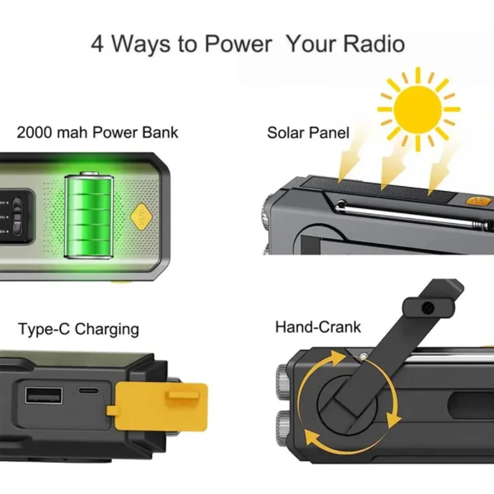 2000mAh Emergency Weather Radio with USB-C, Hand Crank & Solar Charging, Flashlight & Power Bank for Blackouts, Storms, Camping & Fishing