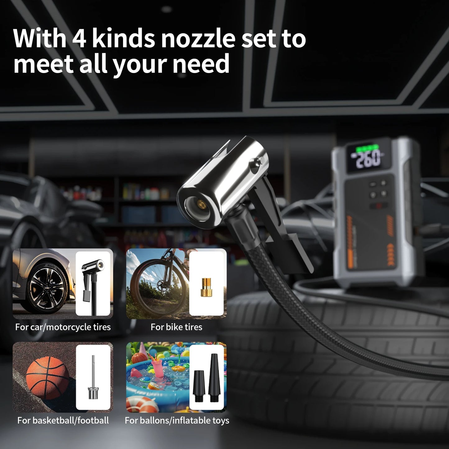 Portable Jump Starter with Air Compressor, 3000A Peak Battery Jump Starter & 150 PSI Tire Inflator for 12V Cars, Trucks & Motorcycles, USB Power Bank, LED Light & 4-Nozzle Set
