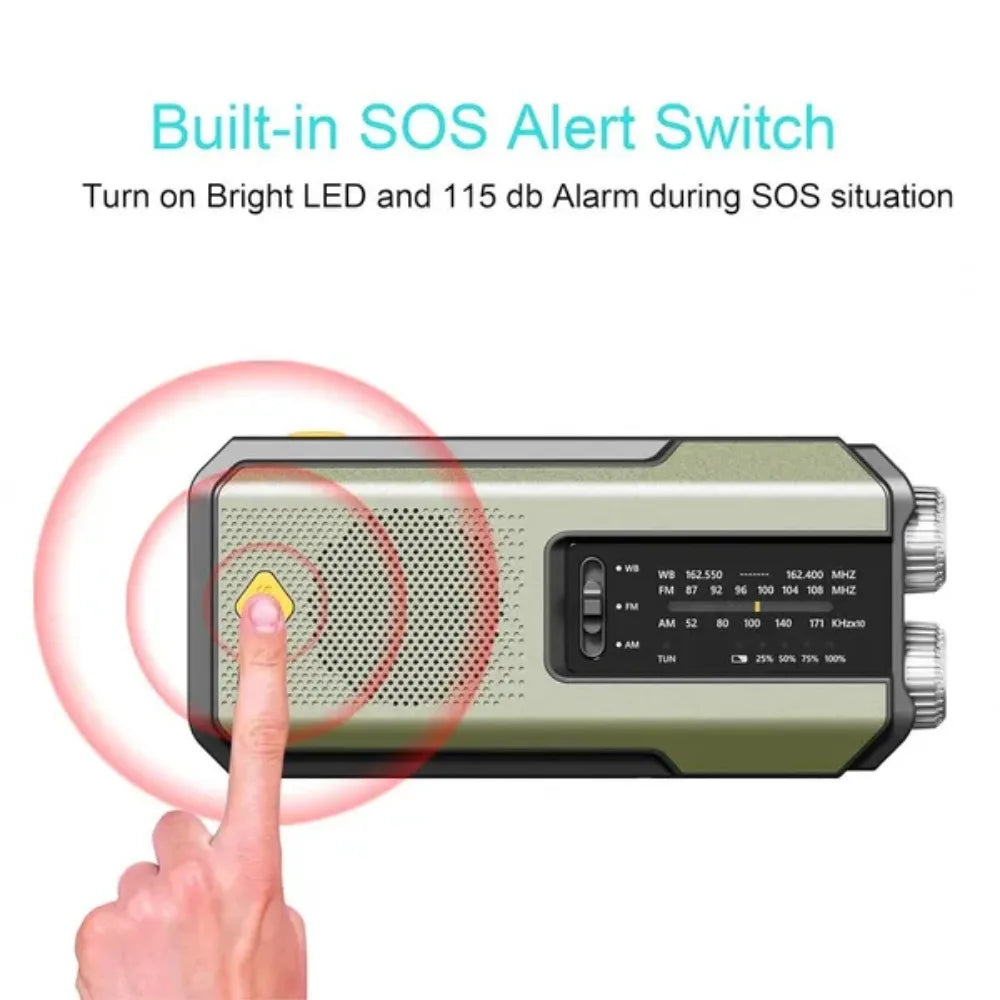 2000mAh Emergency Weather Radio with USB-C, Hand Crank & Solar Charging, Flashlight & Power Bank for Blackouts, Storms, Camping & Fishing