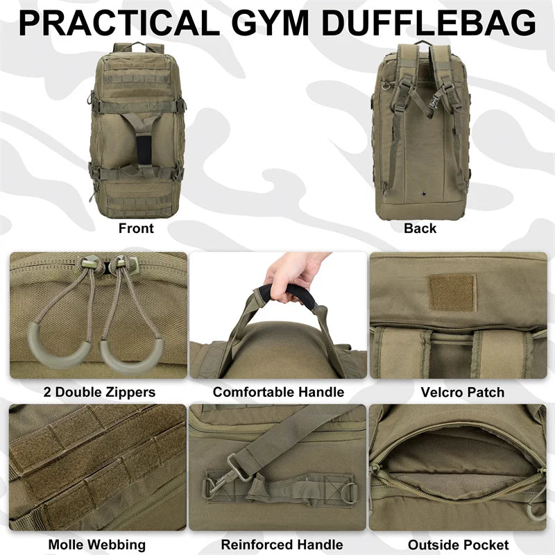 45L Gym Bag, Duffel & Duffle Bag Backpack — 3-Way Tactical Gym Duffle Bag with MOLLE System for Gym, Travel, Camping, Hiking & Bug Out