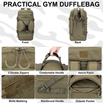 45L Gym Bag, Duffel & Duffle Bag Backpack — 3-Way Tactical Gym Duffle Bag with MOLLE System for Gym, Travel, Camping, Hiking & Bug Out