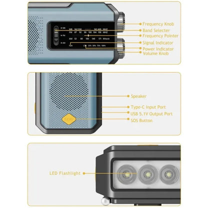2000mAh Emergency Weather Radio with USB-C, Hand Crank & Solar Charging, Flashlight & Power Bank for Blackouts, Storms, Camping & Fishing