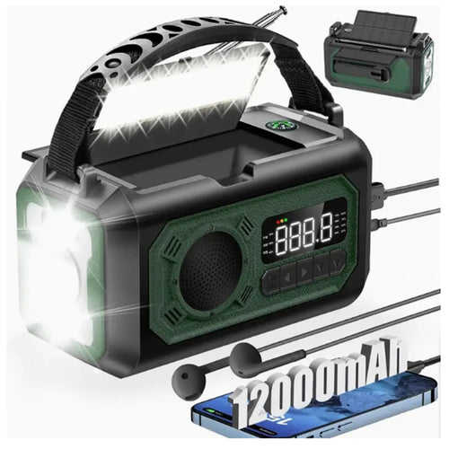 12000mAh Large-Capacity NOAA Emergency Weather Radio with Hand Crank, Solar & USB-C Charging, Flashlight & Power Bank for Blackouts, Storms, Camping & Fishing