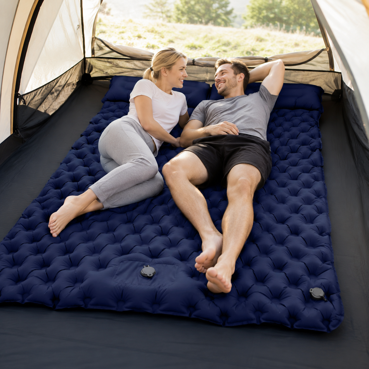 Double Sleeping Pad & Air Mattress for 2 — Self-Inflating Camping Mattress with Dual Pillows & Inflatable Bed for Couples, Camping & Hiking