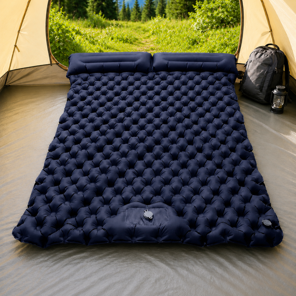 Double Sleeping Pad & Air Mattress for 2 — Self-Inflating Camping Mattress with Dual Pillows & Inflatable Bed for Couples, Camping & Hiking