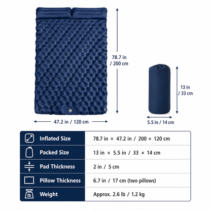 Double Sleeping Pad & Air Mattress for 2 — Self-Inflating Camping Mattress with Dual Pillows & Inflatable Bed for Couples, Camping & Hiking