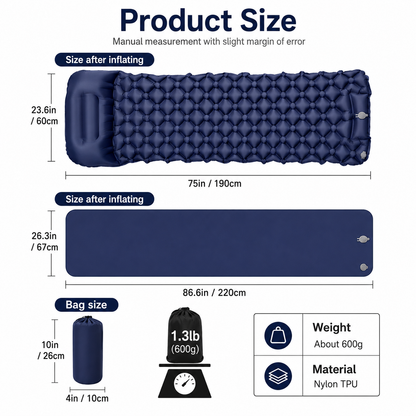 Self-Inflating Camping Sleeping Pad & Air Mattress with Integrated Pillow — Inflatable Camping Bed & Sleeping Mat for Camping, Backpacking & Hiking