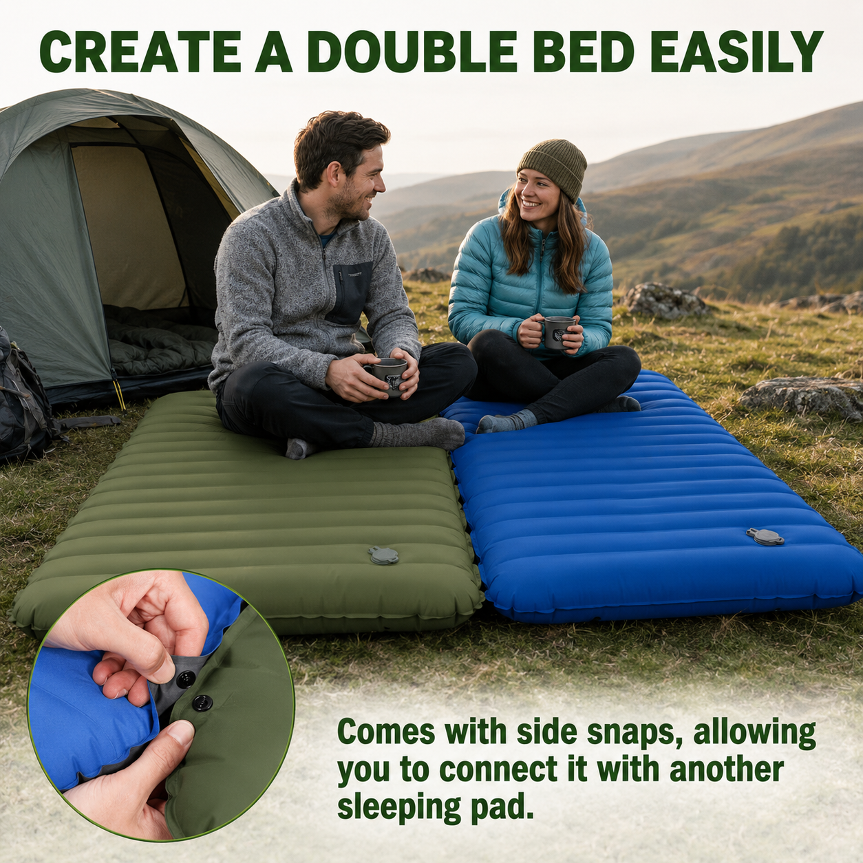 Self-Inflating Camping Sleeping Pad with Built-In Foot Pump, Integrated Pillow & Side Connectors — Extra Thick 4 Inch Sleeping Mat for Camping, Backpacking, Hiking & Fishing