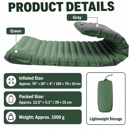 Self-Inflating Camping Sleeping Pad with Built-In Foot Pump, Integrated Pillow & Side Connectors — Extra Thick 4 Inch Sleeping Mat for Camping, Backpacking, Hiking & Fishing