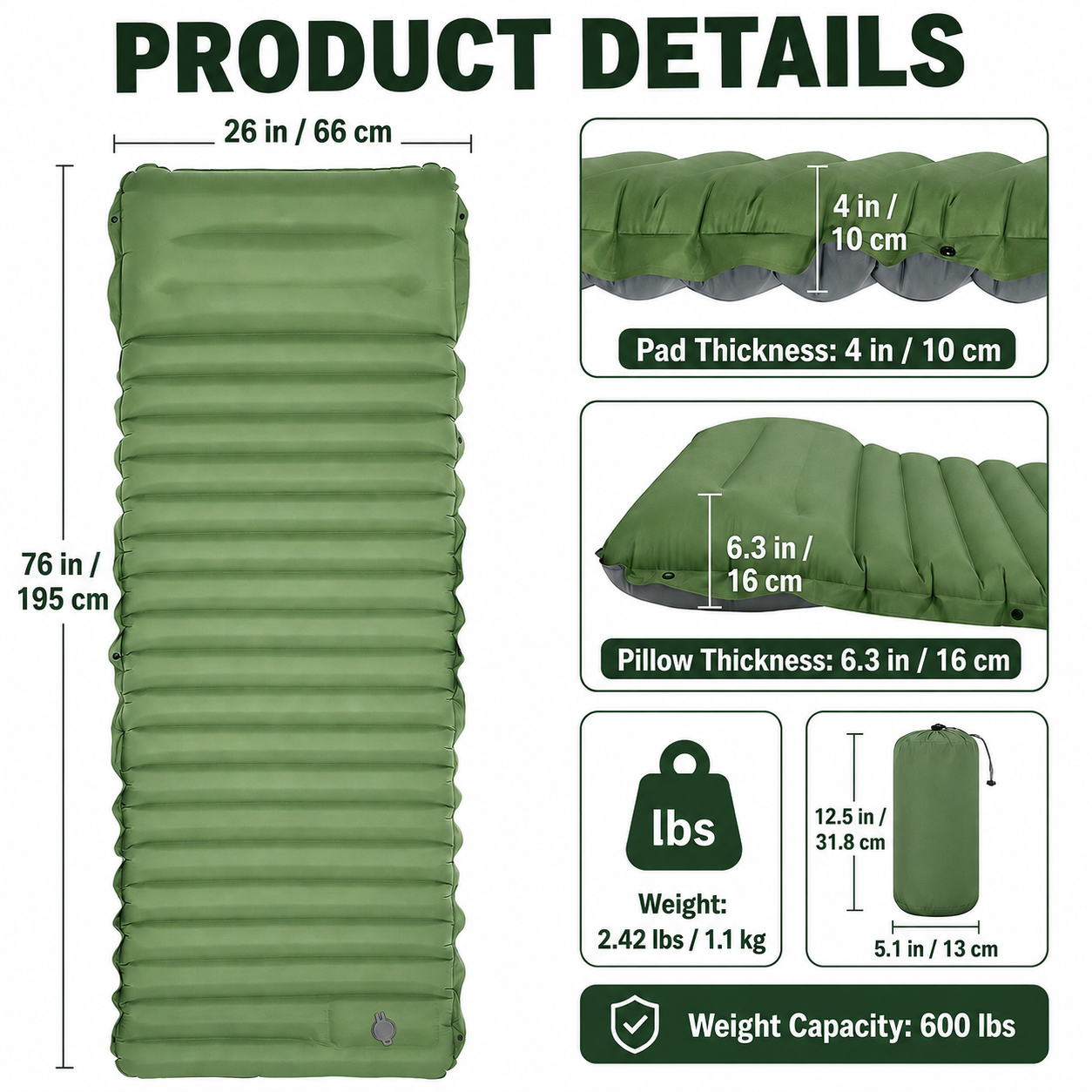 Self-Inflating Camping Sleeping Pad with Built-In Foot Pump, Integrated Pillow & Side Connectors — Extra Thick 4 Inch Sleeping Mat for Camping, Backpacking, Hiking & Fishing