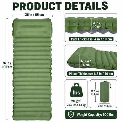 Self-Inflating Camping Sleeping Pad with Built-In Foot Pump, Integrated Pillow & Side Connectors — Extra Thick 4 Inch Sleeping Mat for Camping, Backpacking, Hiking & Fishing