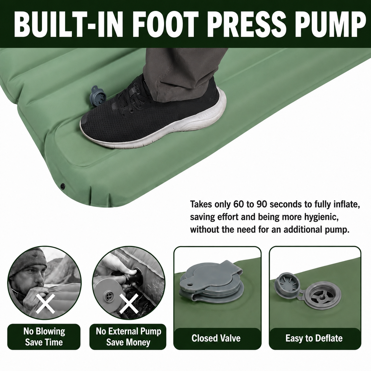 Self-Inflating Camping Sleeping Pad with Built-In Foot Pump, Integrated Pillow & Side Connectors — Extra Thick 4 Inch Sleeping Mat for Camping, Backpacking, Hiking & Fishing