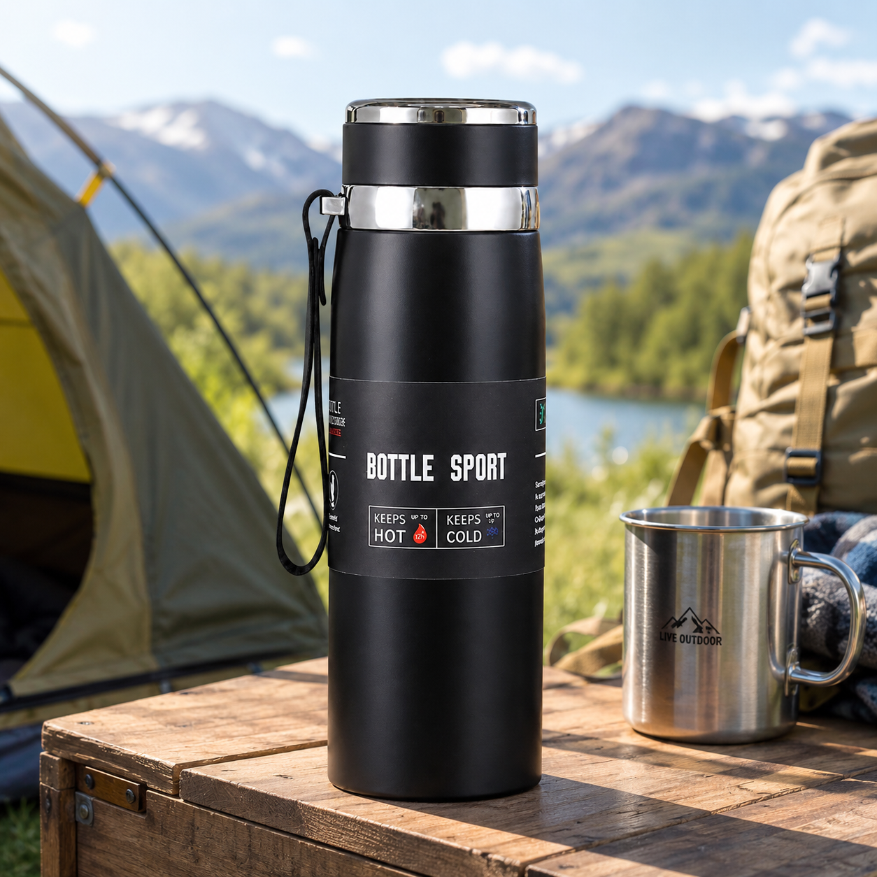 1L Insulated Stainless Steel Water Bottle with Handle, Vacuum Flask for Hot Coffee, Tea, Cold Water, Hiking, Camping & Travel