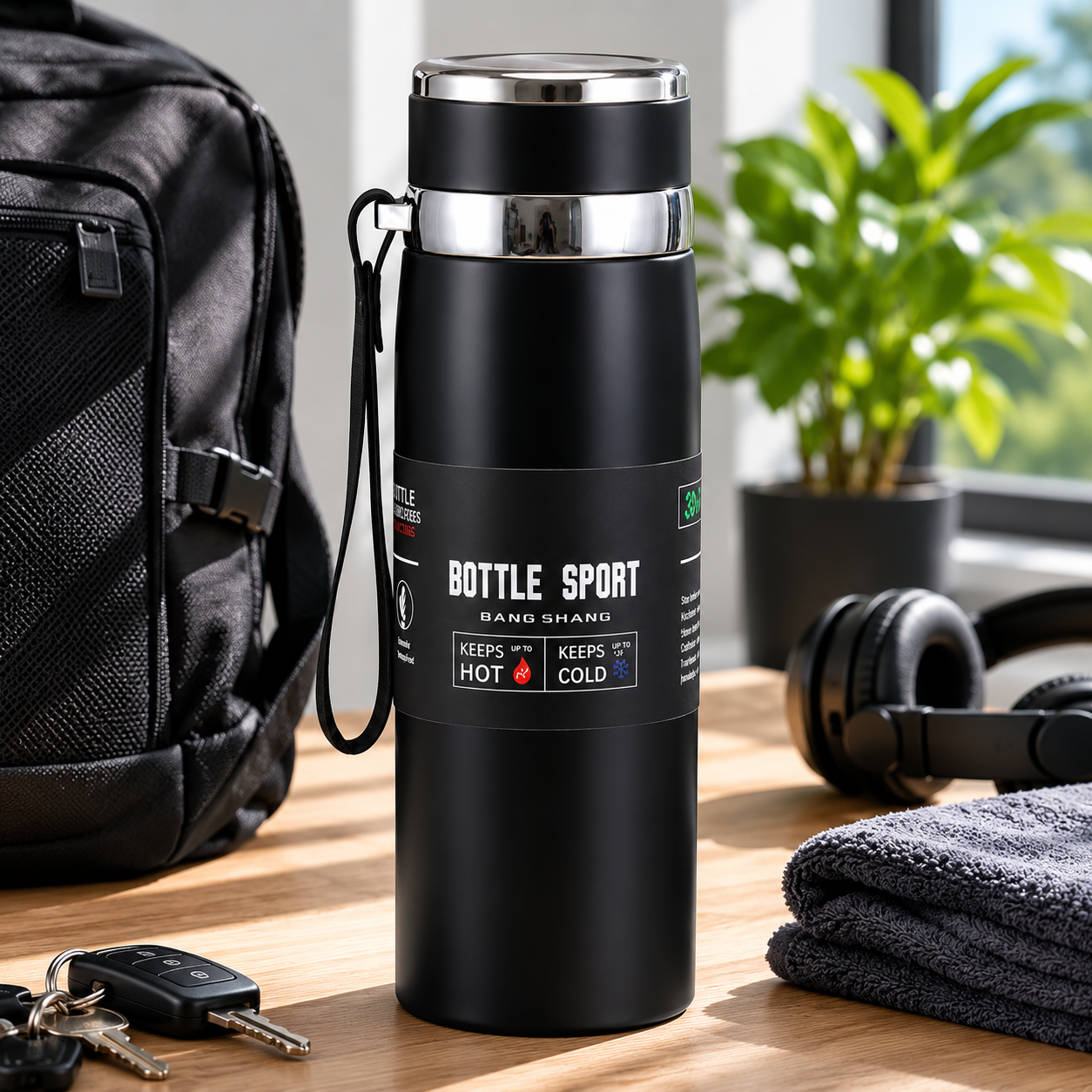 1L Insulated Stainless Steel Water Bottle with Handle, Vacuum Flask for Hot Coffee, Tea, Cold Water, Hiking, Camping & Travel