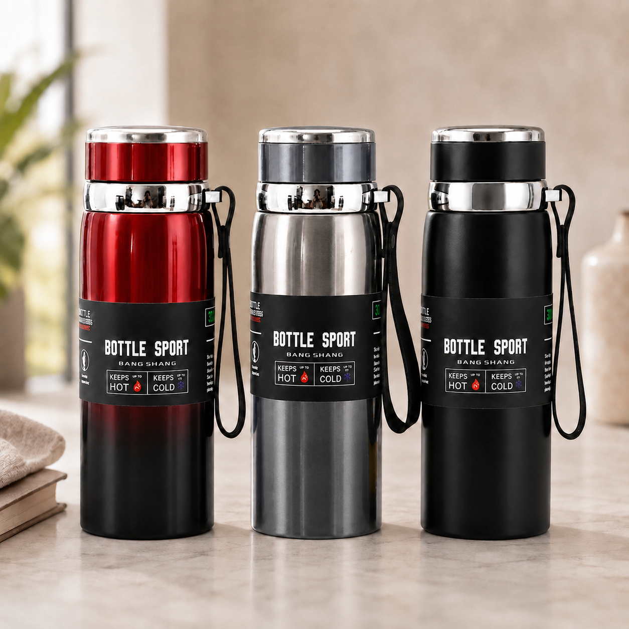 1L Insulated Stainless Steel Water Bottle with Handle, Vacuum Flask for Hot Coffee, Tea, Cold Water, Hiking, Camping & Travel