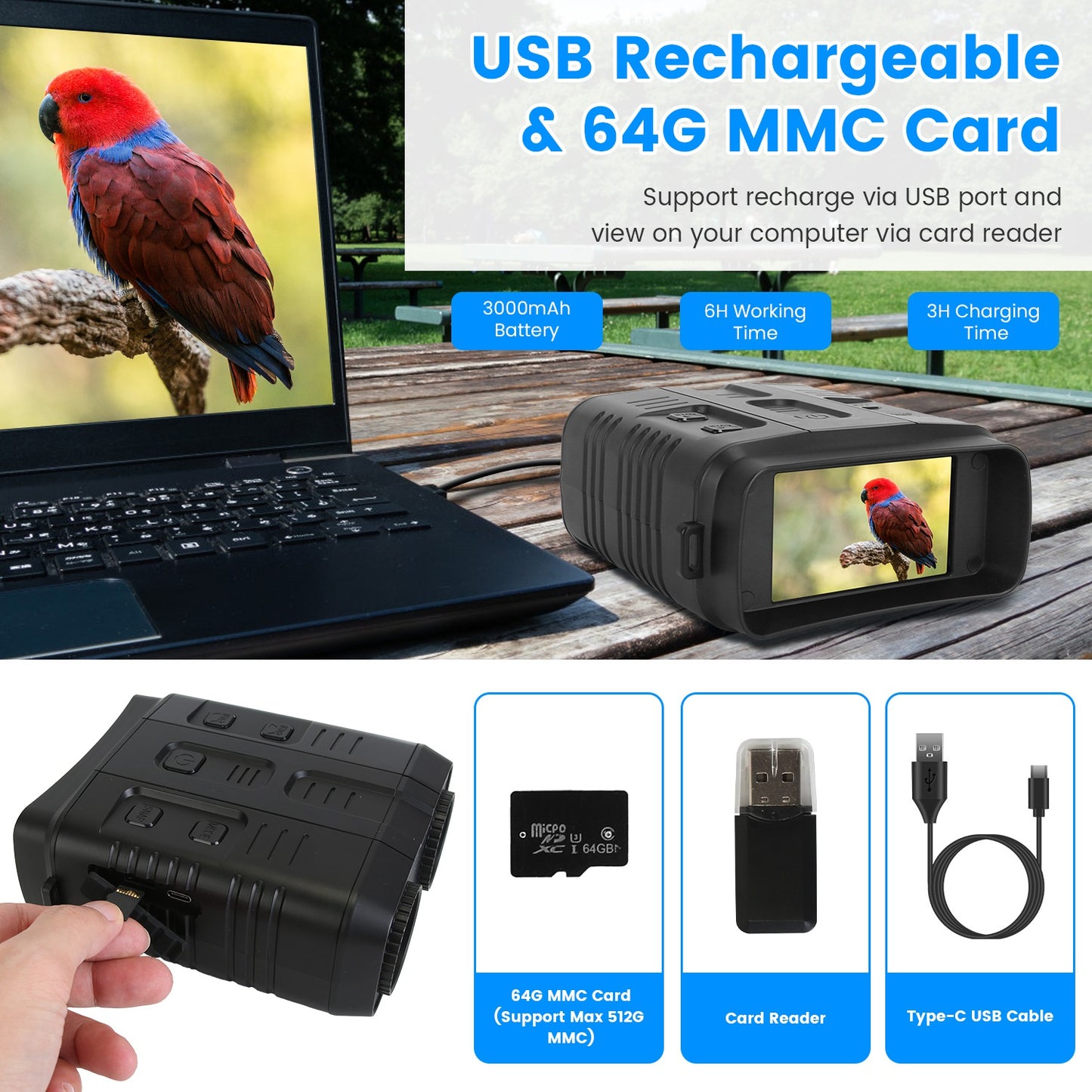 4K Night Vision Binoculars with 10X Digital Zoom, 31MP, 3" Screen, WiFi App & 64GB Card for Hunting, Wildlife Viewing, Camping & Scouting